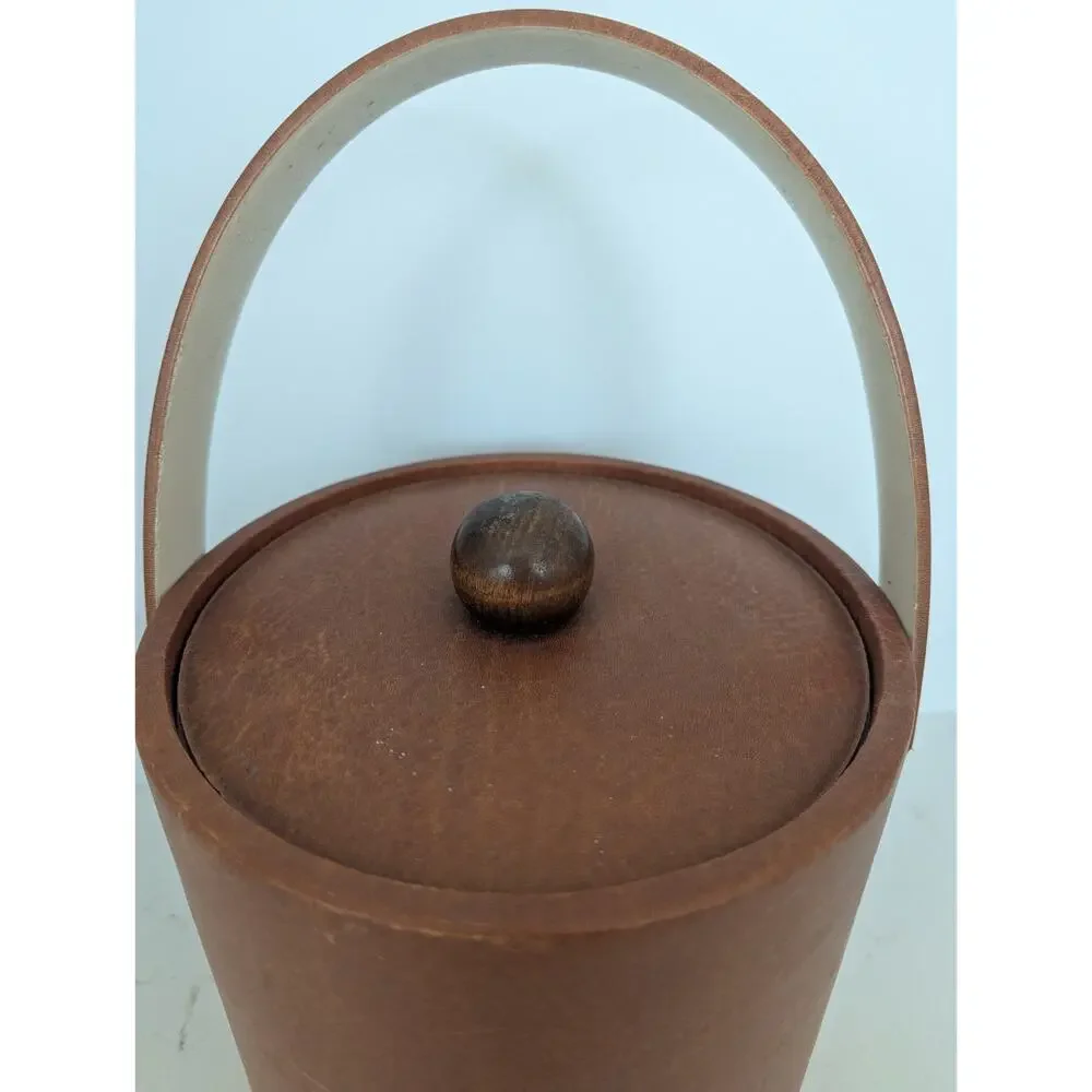 Vtg MCM Brown Faux Leather Ice Bucket Barware Wood Knob Retro 60s 70s